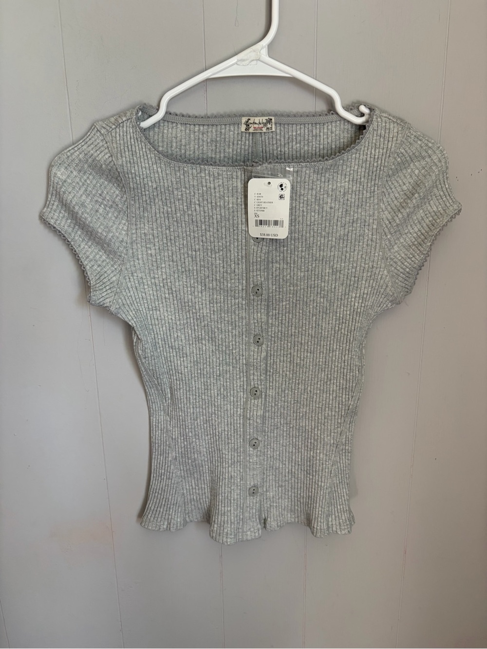 Free people Ribbed Button-Front Short Sleeve Top - Light Gray